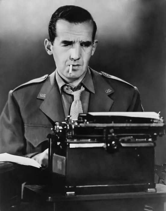 Framed Print : CBS News correspondent Edward R. Murrow at his typewriter in wartime London. World War 2, ca. 1940-45. (BSLOC_2014_8_213)