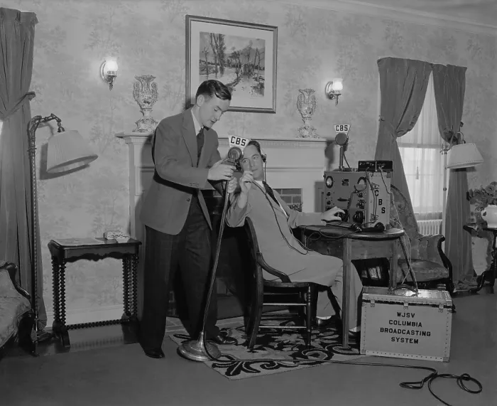 Framed Print : CBS Radio engineers testing the mikes and controls before a coast-to-coast broadcast, 1937. (BSLOC_2013_8_172)