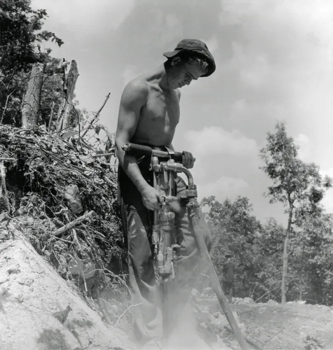 Framed Print : CCC enrollee drilling holes for dynamite shots. The Explosion Course also offered training in the handling and use of dynamite. Camp Triangle, Salem, Virginia, July 26, 1940