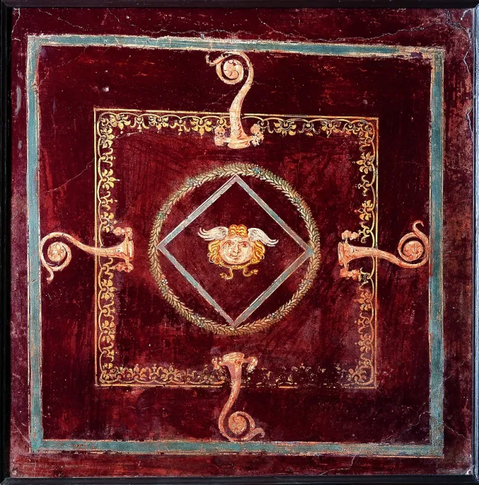 Framed Print : Ceiling, by unknown artist, 45-79, 1st Century A.D. ripped fresco, 74 x 74 cm - Italy, Campania, Naples, National Archaeological Museum, Room LXVI, inv. 9973. Whole artwork view