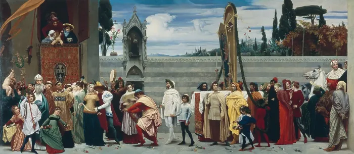 Framed Print : Celebrated Madonna by Cimabue, by Leighton Frederic, 1853 - 1855, 19th Century, oil on canvas, 222 x 521 cm - Great Britain, London, The National Gallery. Whole artwork view