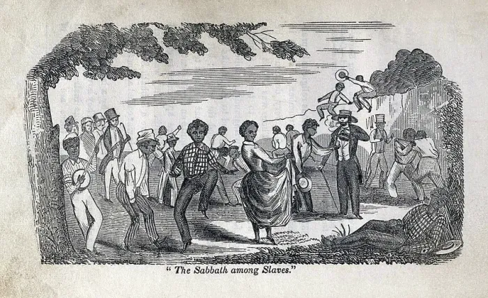 Framed Print : The celebration of the Sabbath among slaves. Illustration showing Afro-American dancing, playing banjo, and resting. Kentucky ca. 1830s