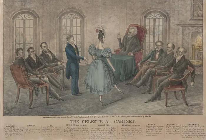 Framed Print : THE CELESTE-AL CABINET, about the Eaton Affair, during Andrew Jacksons 1st Administration. Floride Calhoun, wife of the Vice-President led the social ostracism of Sec
