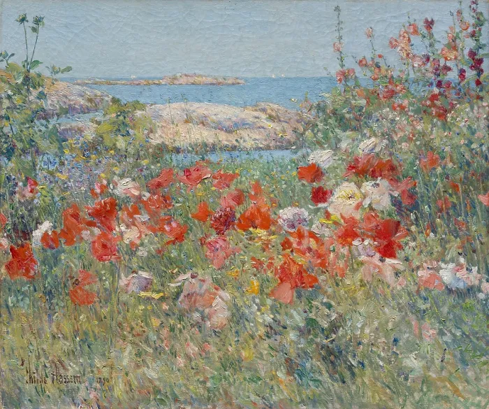 Framed Print : CELIA THAXTERS GARDEN, ISLES OF SHOALS, MAINE, by Childe Hassam, 1890, American oil painting. Poet Celia Thaxters salon was a gathering place for artists who summered nearby Framed Print : CELIA THAXTERS GARDEN, ISLES OF SHOALS, MAINE, by Childe Hassam, 1890, American oil painting. Poet Celia Thaxters salon was a gathering place for artists who summered nearby