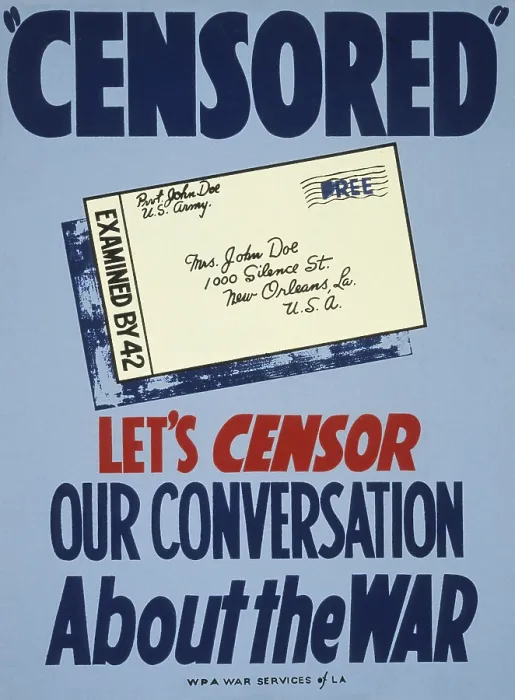 Framed Print : Censored. Let's censor our conversation about the war'. American World War 2 poster showing soldier's letter stamped examined by 42 Framed Print : Censored. Let's censor our conversation about the war'. American World War 2 poster showing soldier's letter stamped examined by 42