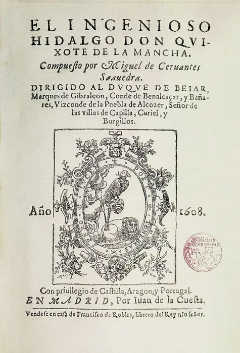 Framed Print : CERVANTES SAAVEDRA, Miguel de (1547-1616). 'The Ingenious Gentleman Don Quixote of La Mancha'. Edition executed by Juan de la Cuesta. Madrid (1608). SPAIN