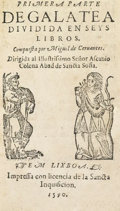 Framed Print : CERVANTES SAAVEDRA, Miguel de (1547-1616). 'La Galatea'. Edition executed in Lisbon (1590). Front page, first part. SPAIN. Barcelona