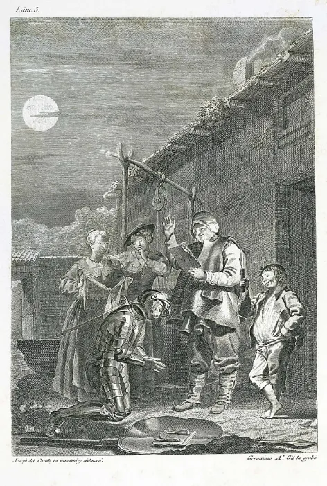 Framed Print : CERVANTES SAAVEDRA, Miguel de (1547-1616). Illustration of 'The Ingenious Gentleman Don Quixote of La Mancha' (first part, chapter 3). Etching. SPAIN. Barcelona