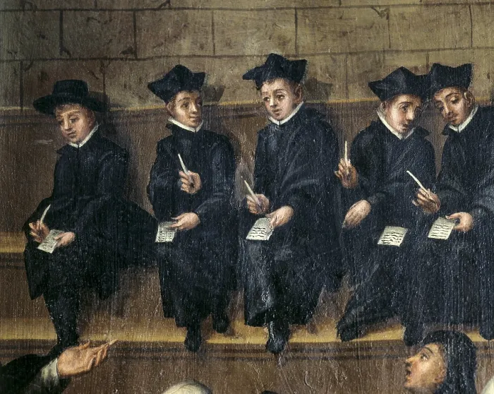 Framed Print : CERVERA, Martin de (2nd half 16 c.-1st half 17 c.). University classroom. 1614. Painting decorating one of the doors of the manuscript store. Detail of students. Oil on wood Framed Print : CERVERA, Martin de (2nd half 16 c.-1st half 17 c.). University classroom. 1614. Painting decorating one of the doors of the manuscript store. Detail of students. Oil on wood