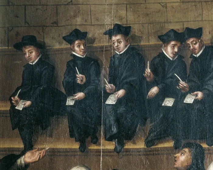 Framed Print : CERVERA, Martn de (2nd half 16 c.-1st half 17 c.). University classroom. 1614. Painting decorating one of the doors of the manuscript store. Detail of students. Oil on wood Framed Print : CERVERA, Martn de (2nd half 16 c.-1st half 17 c.). University classroom. 1614. Painting decorating one of the doors of the manuscript store. Detail of students. Oil on wood