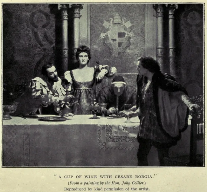 Framed Print : Cesare Borgia, flanked by his sister Lucrezia Borgia, and their father Pope Alexander VI, offers a guest some wine