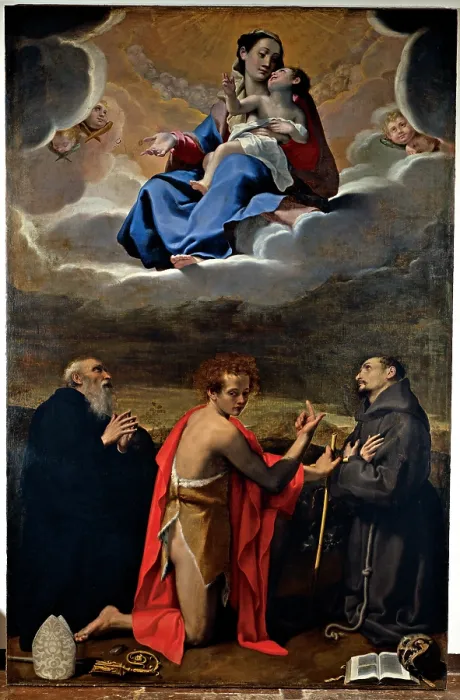 Framed Print : Cesi Bartolomeo, Madonna and Child with Sts Benedict, John the Baptist and Francis, 1556 - 1629, 16th Century, canvas, Italy, Emilia Romagna, Bologna, San Giacomo Maggiore Church
