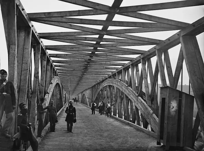 Framed Print : Chain Bridge over the Potomac River in northwest Washington, DC, during the US Civil War. The bridge was highly guarded with armed sentries who inspected passes