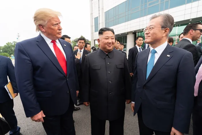 Framed Print : Chairman Kim Jong Un and President Donald Trump are joined by South Korean President, Moon Jae-in