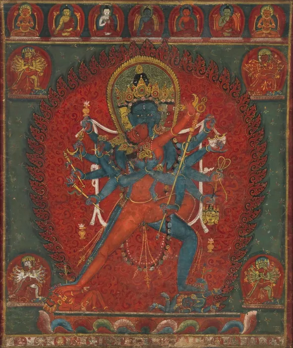 Framed Print : CHAKRASAMVARA AND VAJRAVARAHI, Buddhist, Nepal, 1570-1600, painting, distemper on cotton. Buddhist deity, Chakrasamvara, embracing his consort, Vajravarahi