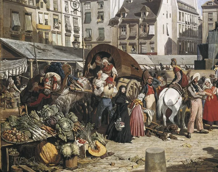 Framed Print : CHALON, John James (1778-1854). Market and Fountain of the Innocents. Paris 1823. 1823. Left detail. Oil on canvas. FRANCE. Paris. Musee Carnavalet (Carnavalet Museum)