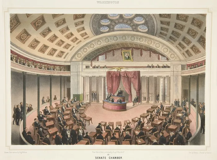 Framed Print : Chamber of Senate, in the US Capital in Washington, DC, in 1848. Lithograph based on an August Kollner artwork (BSLOC_2019_7_50)