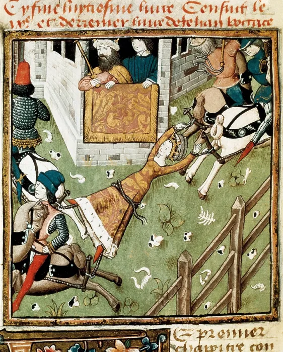 Framed Print : CHAMPION DES DAMES, Master of (s. XV). Des Hommes Illustres. s.XV. Torture of Brunhilda by Chlothar II, king of Neustria. ms. 0622, f. 221v