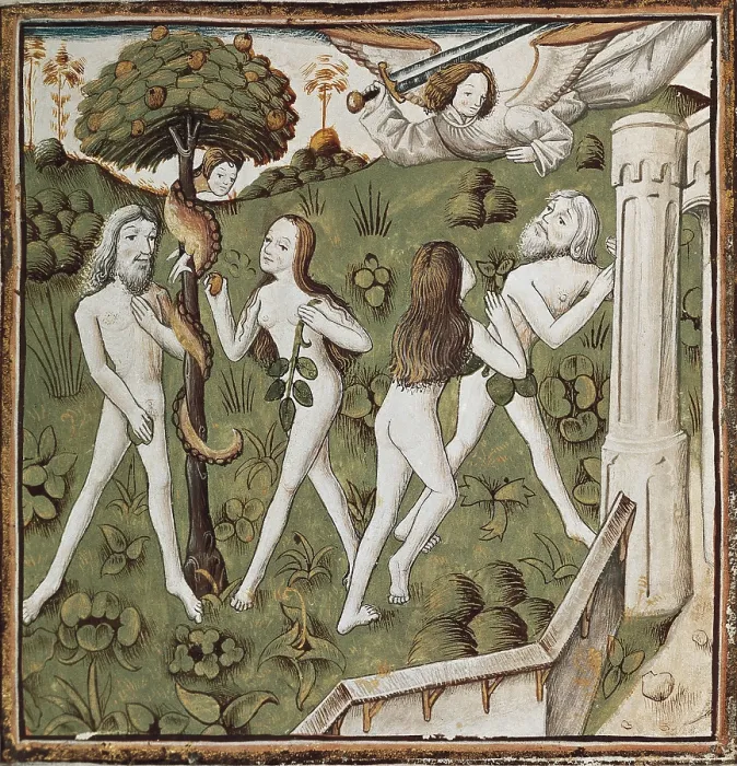 Framed Print : CHAMPION DES DAMES, Master of (s. XV). Des Hommes Illustres. s.XV. Adam and Eve picking up the forbidden fruit. ms. 0622, f. 006v