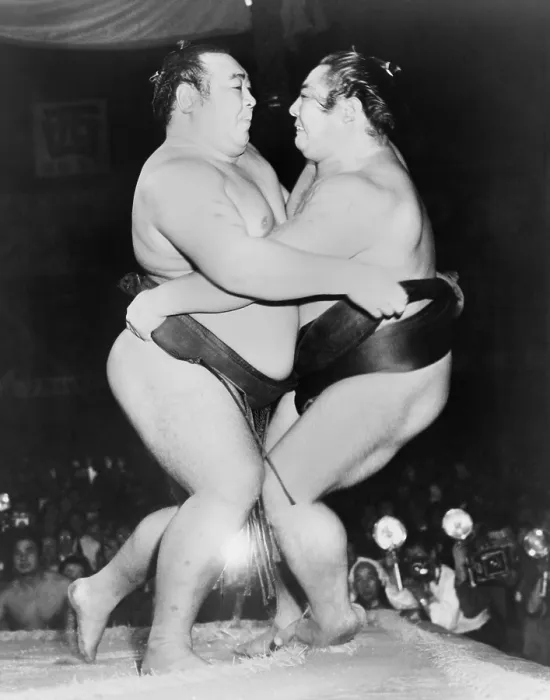 Framed Print : Champion Japanese Sumo wrestlers, Kiyoji Kagamisato (left) and Junnosuke Yoshibayama, in a 1952 Tokyo match