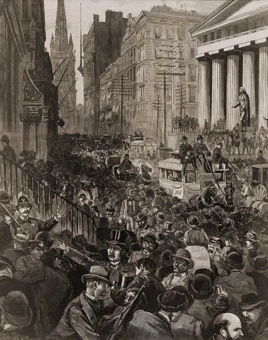 Framed Print : Chaotic scene on Wall Street, NYC on May 14, 1884. The Panic occurred during to a credit contraction by the largest New York banks
