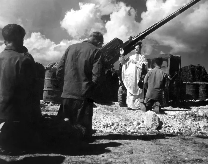 Framed Print : Chaplain celebrates mass for soldiers at Bolo Point, Okinawa. July 19, 1951. Korean War, 1950-53. (BSLOC_2014_11_156)