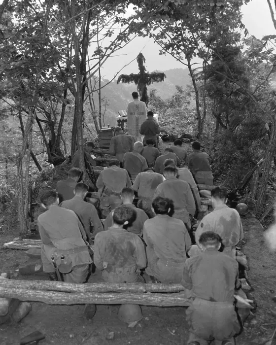 Framed Print : Chaplain conducts services north of Hwachon, Korea, for men of 31st Regiment. August 28, 1951. Korean War, 1950-53. (BSLOC_2014_11_157)