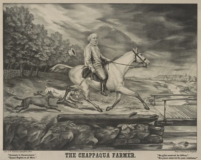 Framed Print : The Chappaqua Farmer, a 1872 campaign print of Horace Greely riding a white horse, accompanied by his dogs Reform and Democracy, as he approaches a bridge labeled, One Term Framed Print : The Chappaqua Farmer, a 1872 campaign print of Horace Greely riding a white horse, accompanied by his dogs Reform and Democracy, as he approaches a bridge labeled, One Term