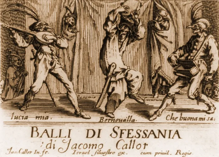Framed Print : Characters in a comic theater performance in 17th century Neopolitan Italy. From a book of engravings, by French printmaker, Jacques Callot, 1621
