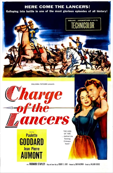 Framed Print : CHARGE OF THE LANCERS, US poster, bottom from left: Paulette Goddard, Jean-Pierre Aumont, 1954