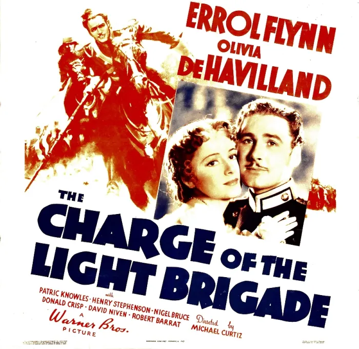 Framed Print : THE CHARGE OF THE LIGHT BRIGADE, inset from left: Olivia De Havilland, Errol Flynn on jumbo window card, 1936