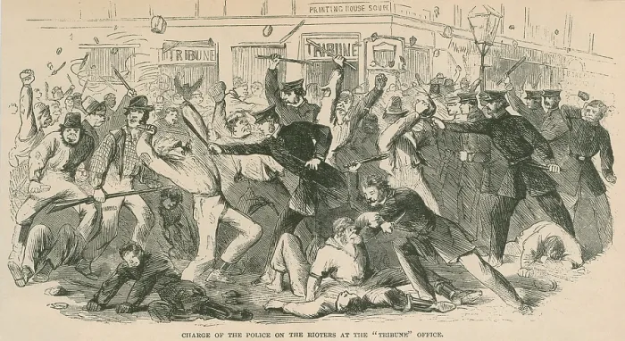 Framed Print : The charge of the New York City police on the Draft Rioters at the Tribune Office. The Draft Riots lasted from July 13-16, 1863