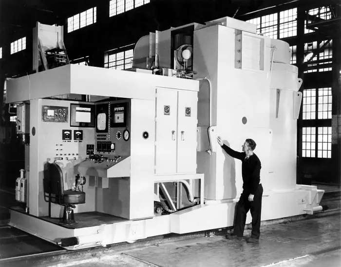 Framed Print : Charging unit ready for shipment to the Enrico Fermi Atomic Power Reactor (outside of Detroit, MI), shown in the factory of the Baldwin-Lima-Hamilton Corp. Eddystone, PA, ca