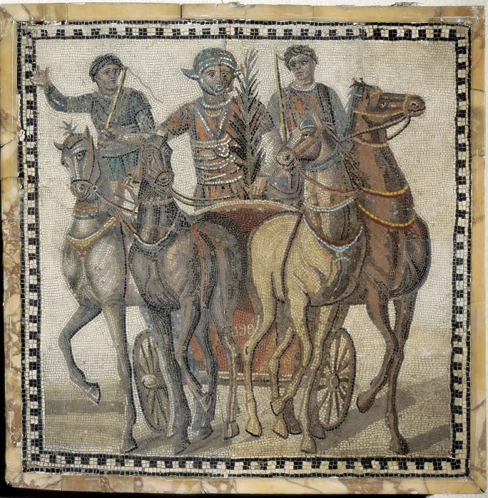 Framed Print : Chariot race (3rd c.). Roman art. Early Empire. Mosaic. SPAIN. Madrid. National Museum of Archaeology. AISA / Everett Collection**US SALES ONLY**