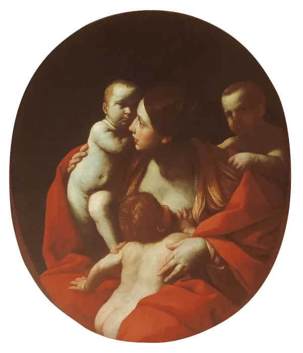 Framed Print : Charity, by Guido Reni, 1615 about, 17th Century, oil on canvas, cm 107 x 88 oval - Italy, Tuscany, Florence, Palazzo Pitti, Palatine Gallery. All