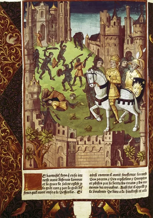 Framed Print : Charlemagne fighting against the Saracens to liberate the church in Santiago de Compostela. Illustration from 'Grandes Chroniques of France' (15th century). Gothic art Framed Print : Charlemagne fighting against the Saracens to liberate the church in Santiago de Compostela. Illustration from 'Grandes Chroniques of France' (15th century). Gothic art