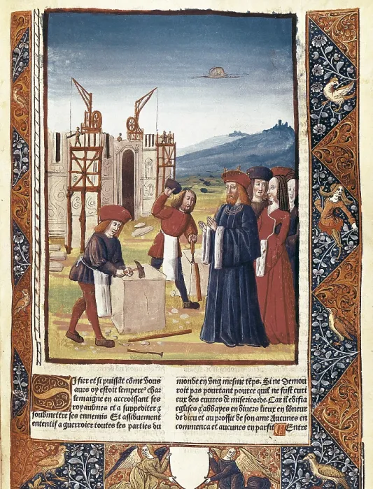 Framed Print : Charlemagne visiting the construction works of Aix la Chapelle, in 796 BC. Illustration from 'Grandes Chroniques de France', edition by Antoine Verard (15th century)