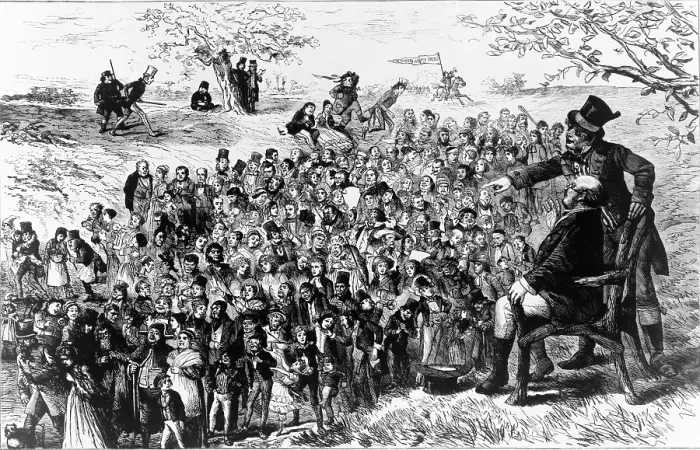 Framed Print : Charles Dickens (1812-1870) characters march by an elderly man, possibly Dickens, seated in a chair Framed Print : Charles Dickens (1812-1870) characters march by an elderly man, possibly Dickens, seated in a chair