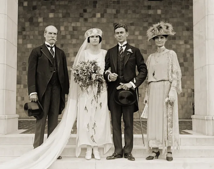 Framed Print : Charles Evans Hughes, daughter Catherine, Chauncey L. Waddell, and Mrs. Antoinette Hughes at Catherine's wedding on June 10, 1922