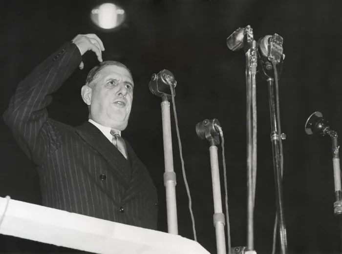 Framed Print : Charles De Gaulle speaking, ca. 1947-50. From April 1947 to May 1953, De Gaulle attempted to achieve national leadership through his French People's Party Framed Print : Charles De Gaulle speaking, ca. 1947-50. From April 1947 to May 1953, De Gaulle attempted to achieve national leadership through his French People's Party