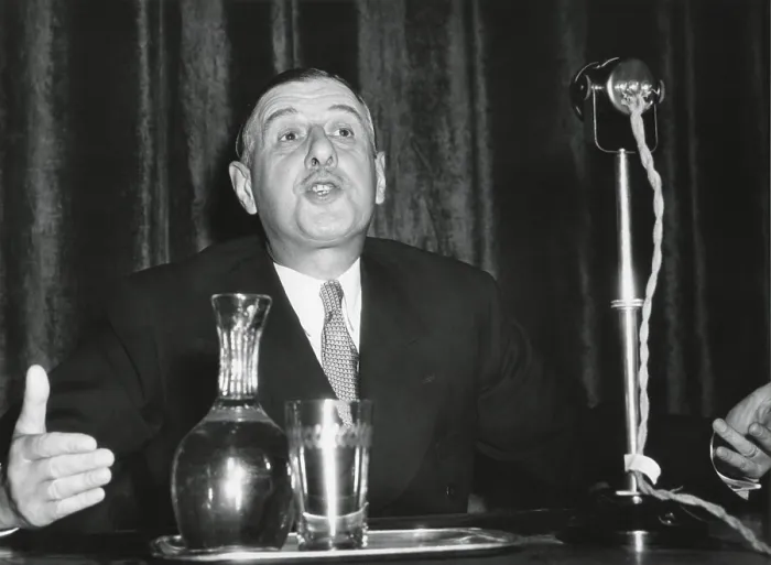 Framed Print : Charles De Gaulle speaking, ca. 1947-50. From April 1947 to May 1953, De Gaulle used the French People's Party was his platform to achieve national leadership
