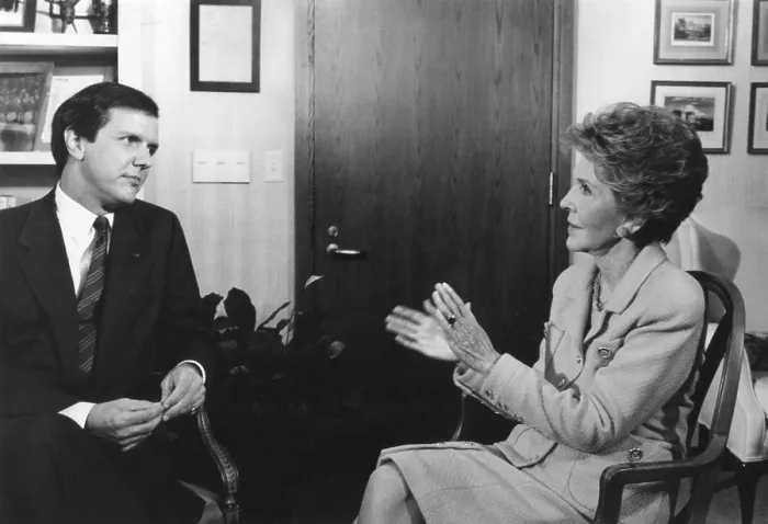 Framed Print : Charles Gibson interviews First Lady Nancy Reagan in October 1989, for the ABC Television show, Good Morning America. Mrs