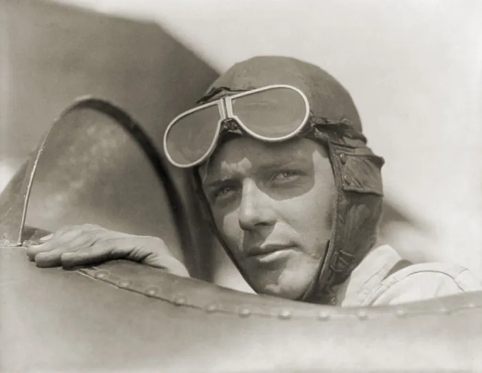 Framed Print : Charles Lindbergh 1902-1974 wearing a helmet with goggles up in open cockpit of airplane at Lambert Field St. Louis Missouri. Ca. 1928. LC-USZ62-68852
