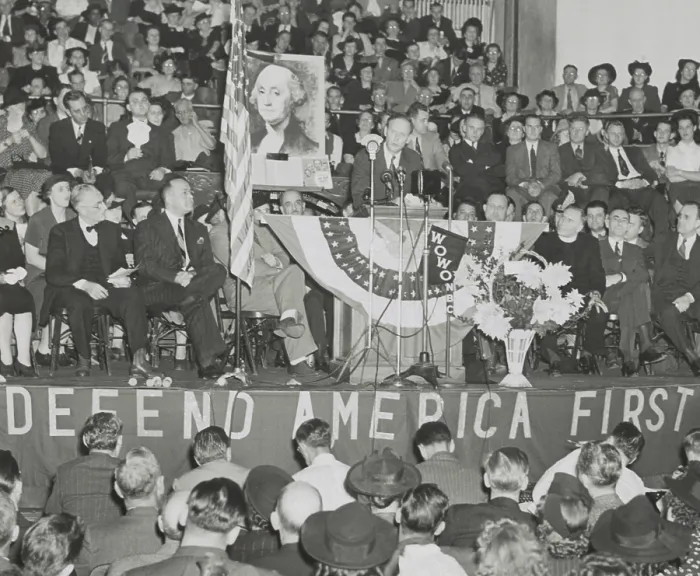 Framed Print : Charles Lindbergh addresses 3, 000 persons at an America First rally. He spoke in Fort Wayne's Gospel Temple, on Oct. 5, 1941. (BSLOC_2014_7_90) Framed Print : Charles Lindbergh addresses 3, 000 persons at an America First rally. He spoke in Fort Wayne's Gospel Temple, on Oct. 5, 1941. (BSLOC_2014_7_90)