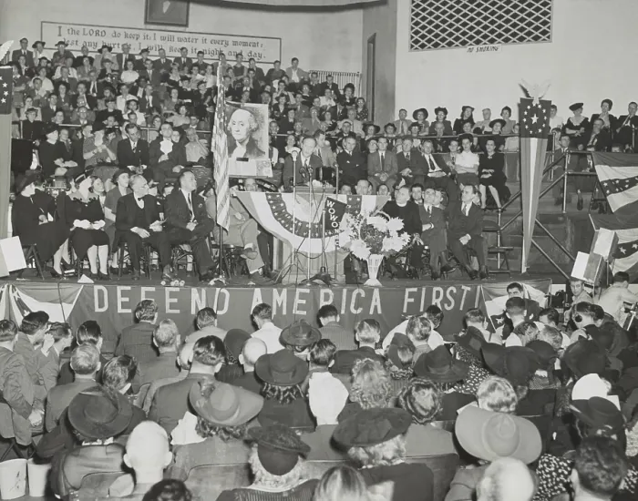 Framed Print : Charles Lindbergh addresses 3, 000 persons at an America First rally. He spoke in Fort Wayne's Gospel Temple, on Oct. 5, 1941. (BSLOC_2014_7_52)