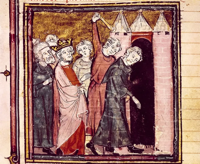 Framed Print : CHARLES MARTEL (688-741). Frank prince and king. Charles Martel looks after punishment and banishment of two men, from the 'Grandes Chroniques de France', 14th c Framed Print : CHARLES MARTEL (688-741). Frank prince and king. Charles Martel looks after punishment and banishment of two men, from the 'Grandes Chroniques de France', 14th c