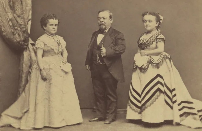 Framed Print : Charles S. Stratton, Lavinia Warren Stratton, and her sister, Minnie Warren, c. 1863. Minnie married another little person, Edmund Newell, who also a performer for P. T