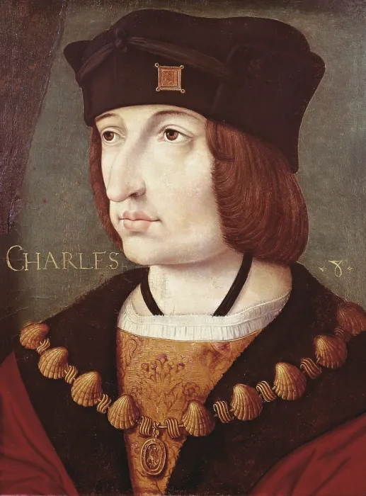 Framed Print : CHARLES VIII of France (1470-1498). French king from the Valois dynasty (1483 - 1498). Anonymous painting (16th c.), based on a work by Jean Perreal. Oil on wood. FRANCE
