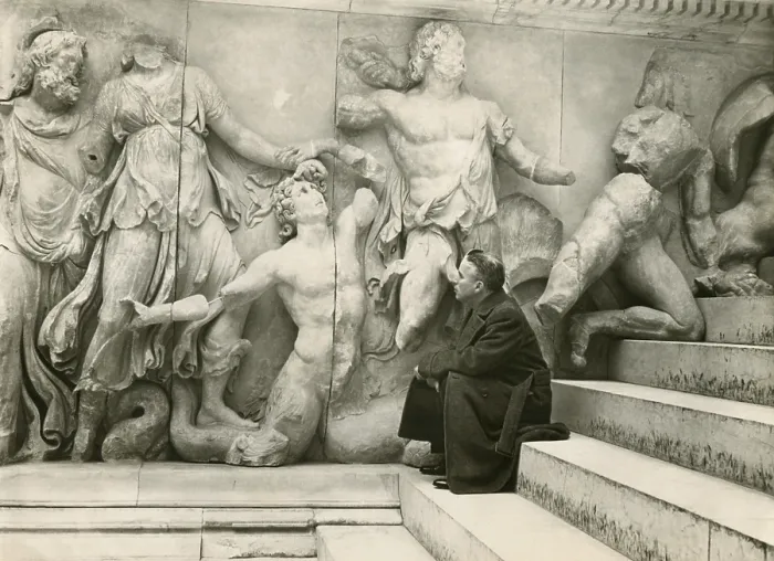 Framed Print : Charlie Chaplin on the steps of the Greek Alter at the Pergamon Museum in Berlin. March 13, 1931. - (BSLOC_2014_14_6) Framed Print : Charlie Chaplin on the steps of the Greek Alter at the Pergamon Museum in Berlin. March 13, 1931. - (BSLOC_2014_14_6)