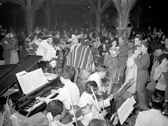 Framed Print : Charro Days fiesta. Dance at El Rancho Grande, Brownsville, Texas. 1942